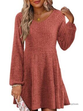 Ribbed Knit V Neck Babydoll Tiered Mini Sweater Dress Long Sleeve Fall Tunic